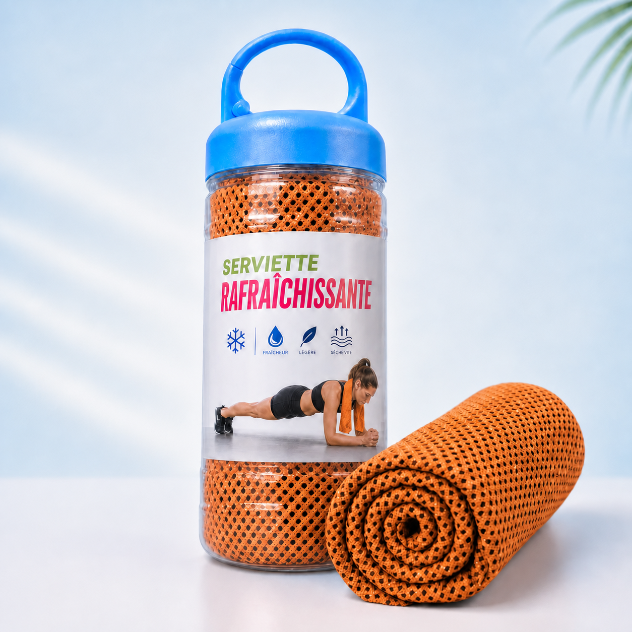 Serviette rafraîchissante orange comparée au brumisateur et au ventilateur