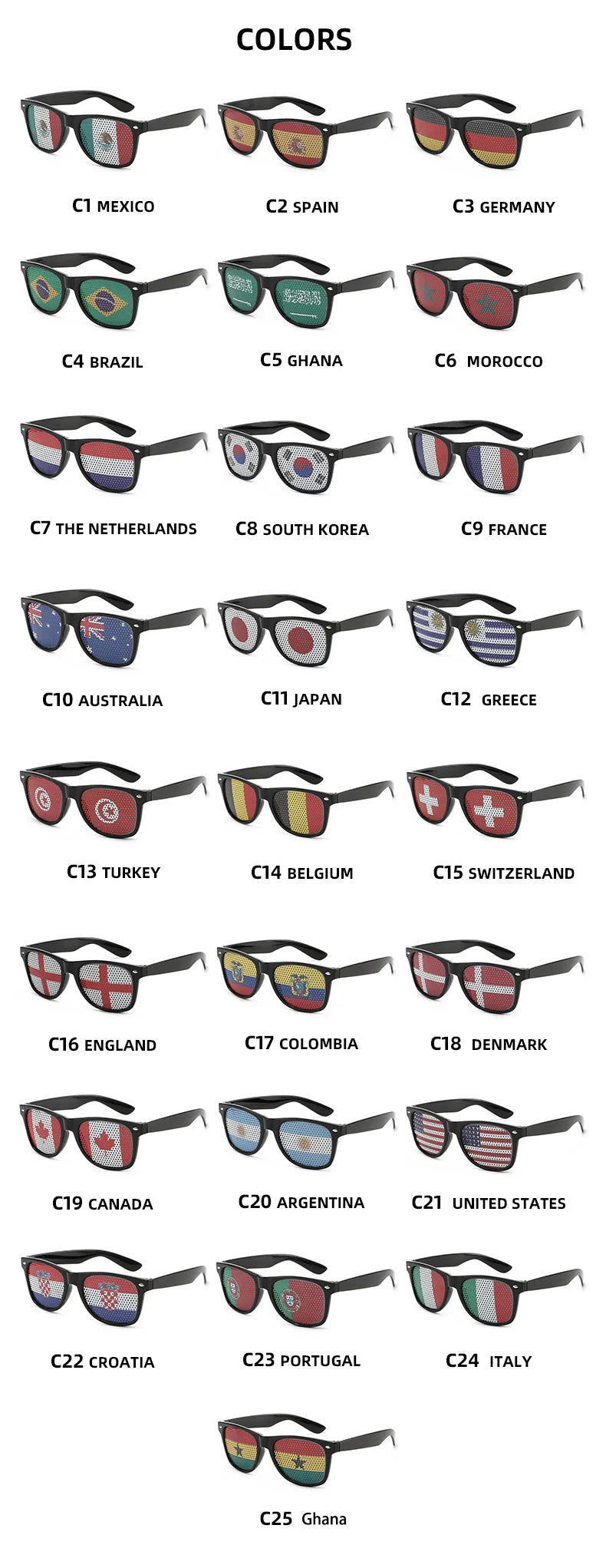 8PCS HD Vision Flag Sunglasses Football Match Fans Sun Glasses Comfortable Anti-slip Legs Sports Party Eyewear