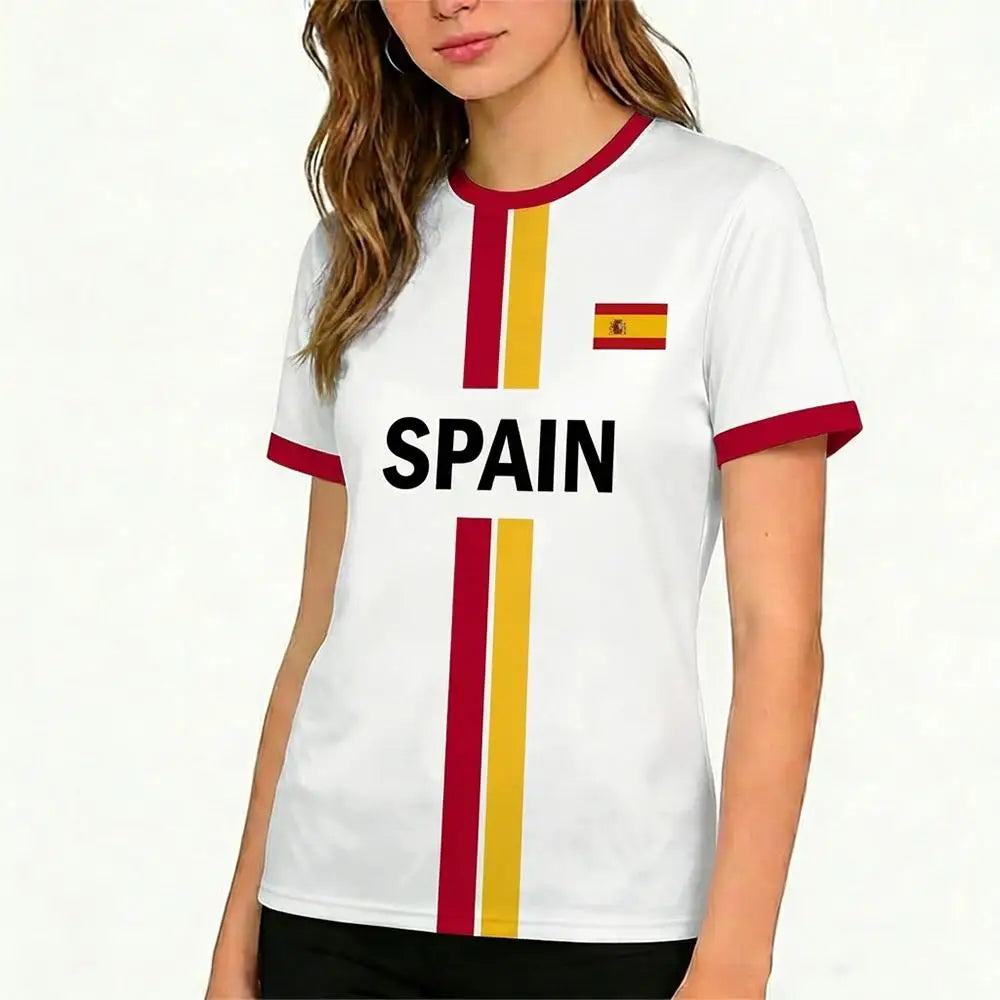 2026 New Spain Flag Print Sports T-shirt Summer Outdoor Sports Breathable Jersey Men's And Women's Soccer Training Crew Neck Top