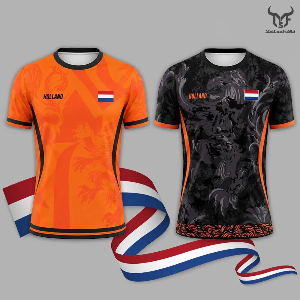 Netherlands Flag Print Football Jersey Outdoor Casual Breathable Short Sleeve Tops Summer Men Gym Sports Training Soccer T-shirt
