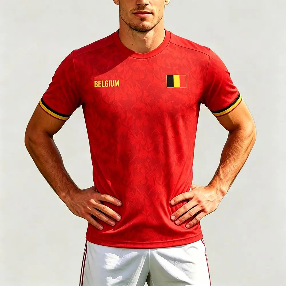 2026 New Belgium Flag Print Soccer Jersey Summer Men's Quick-Drying Breathable Soccer Training T-shirt Unisex Casual Sports Top