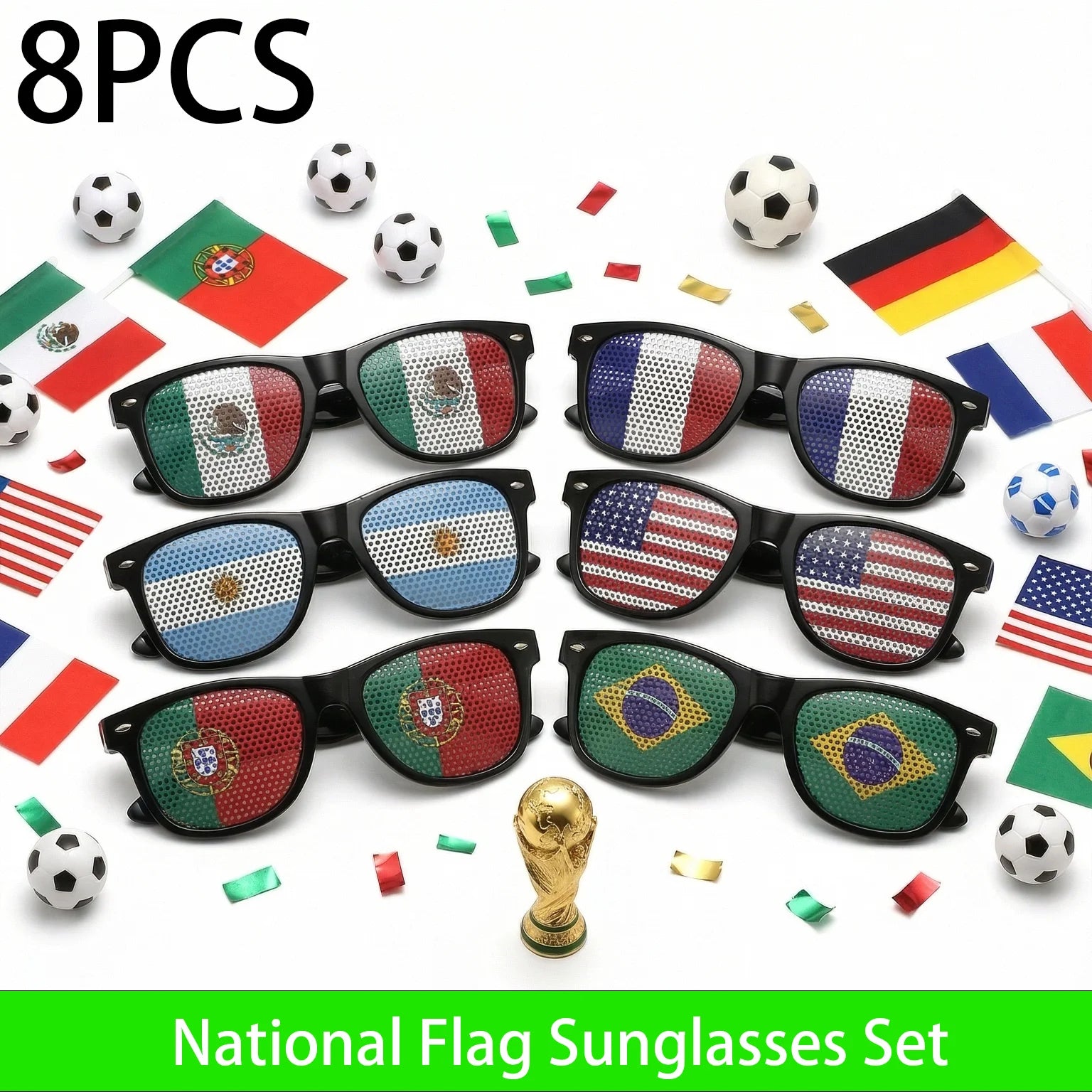 8PCS HD Vision Flag Sunglasses Football Match Fans Sun Glasses Comfortable Anti-slip Legs Sports Party Eyewear