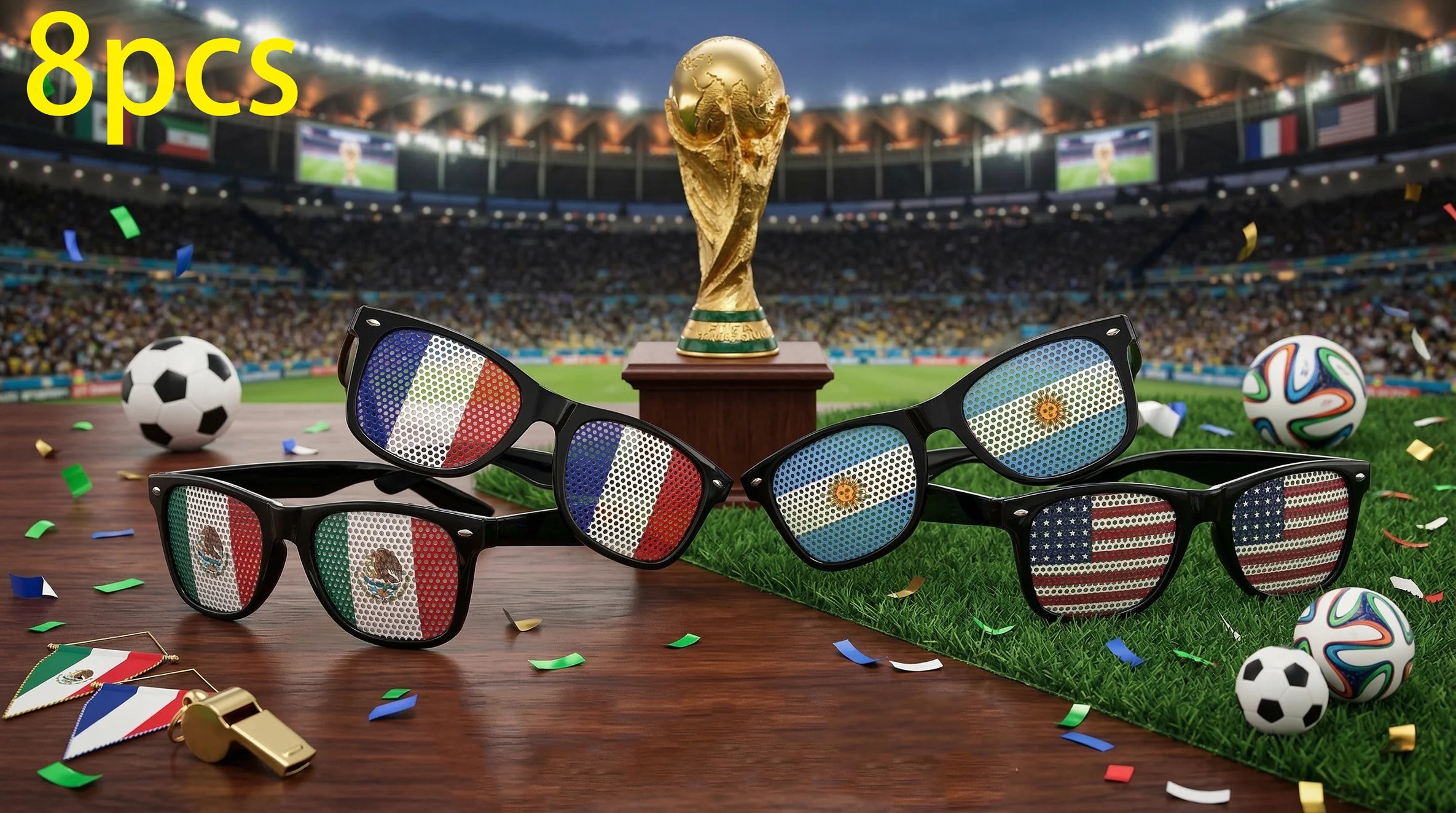 8PCS HD Vision Flag Sunglasses Football Match Fans Sun Glasses Comfortable Anti-slip Legs Sports Party Eyewear