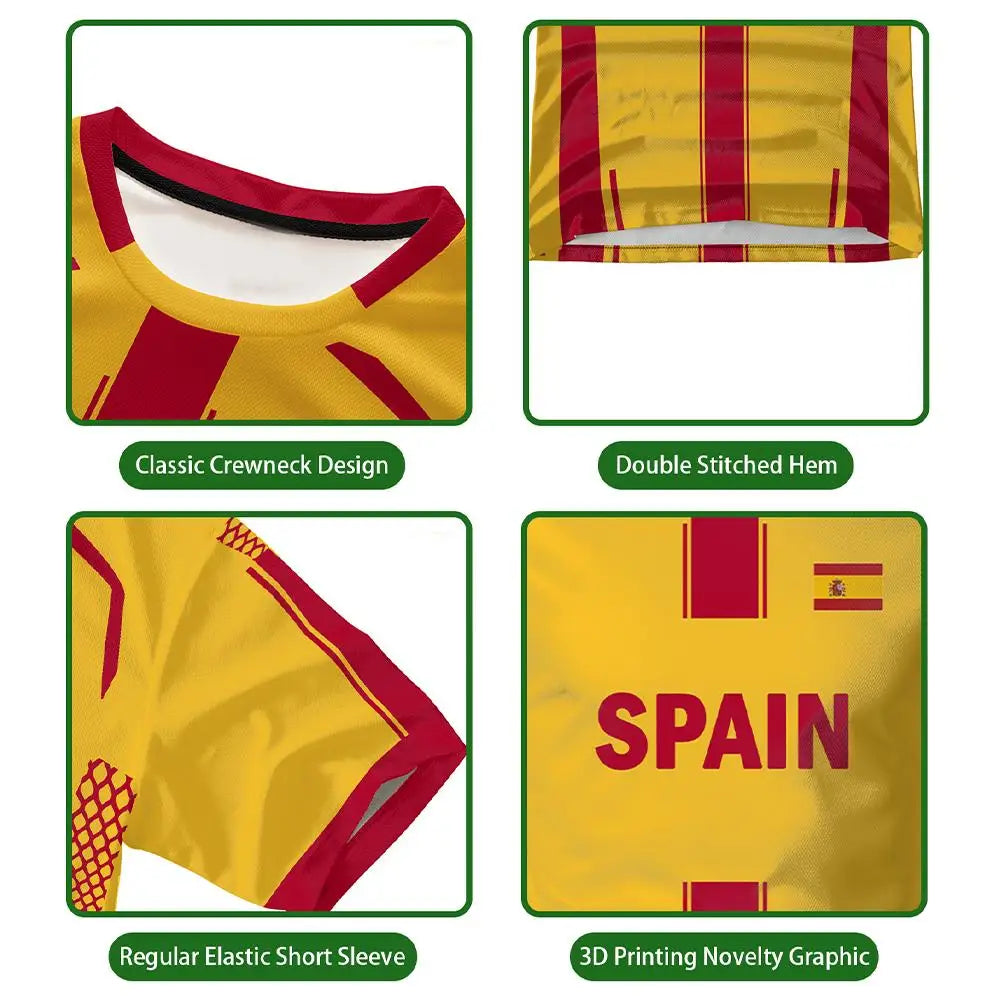 2026 New Spain Flag Print Sports T-shirt Summer Outdoor Sports Breathable Jersey Men's And Women's Soccer Training Crew Neck Top
