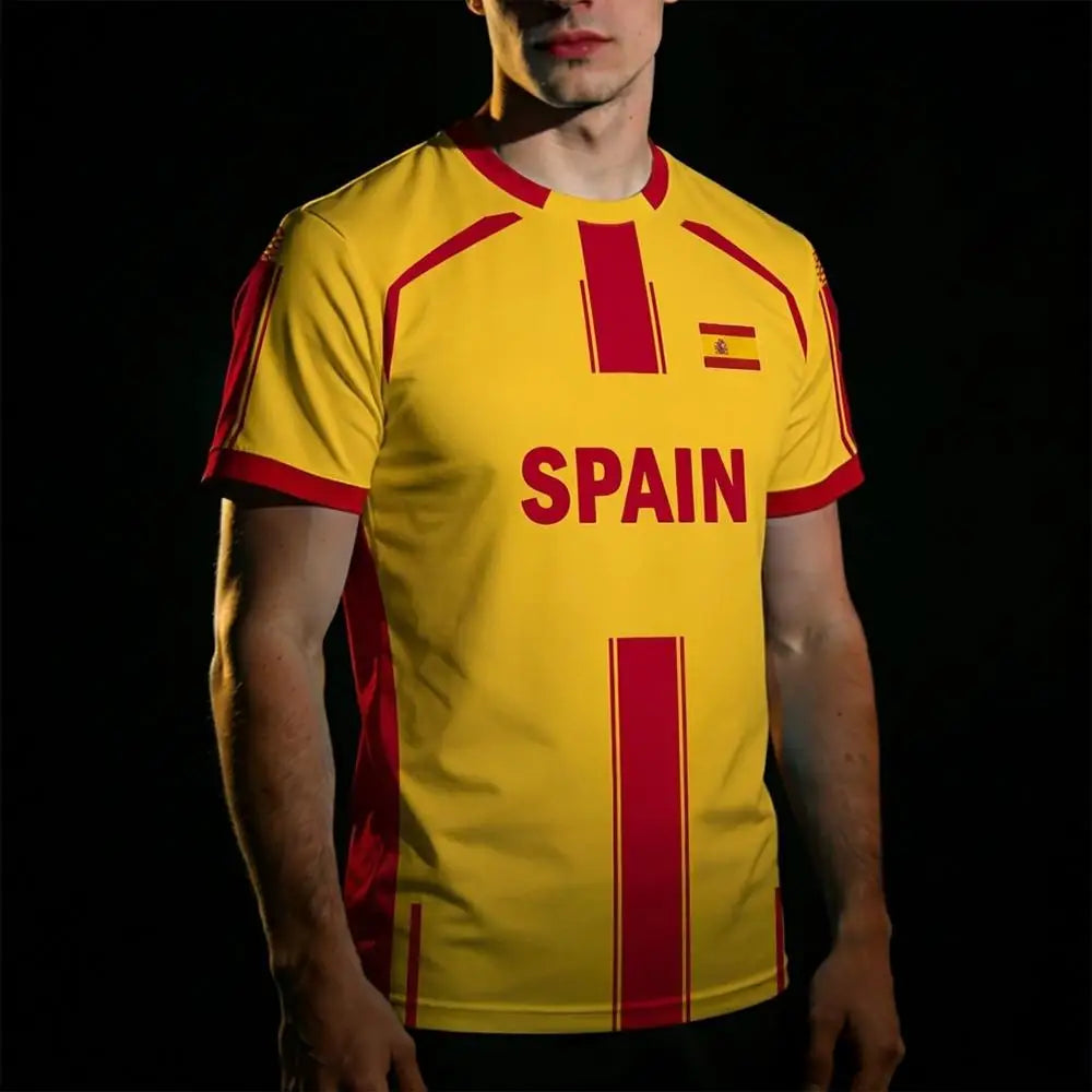 2026 New Spain Flag Print Sports T-shirt Summer Outdoor Sports Breathable Jersey Men's And Women's Soccer Training Crew Neck Top