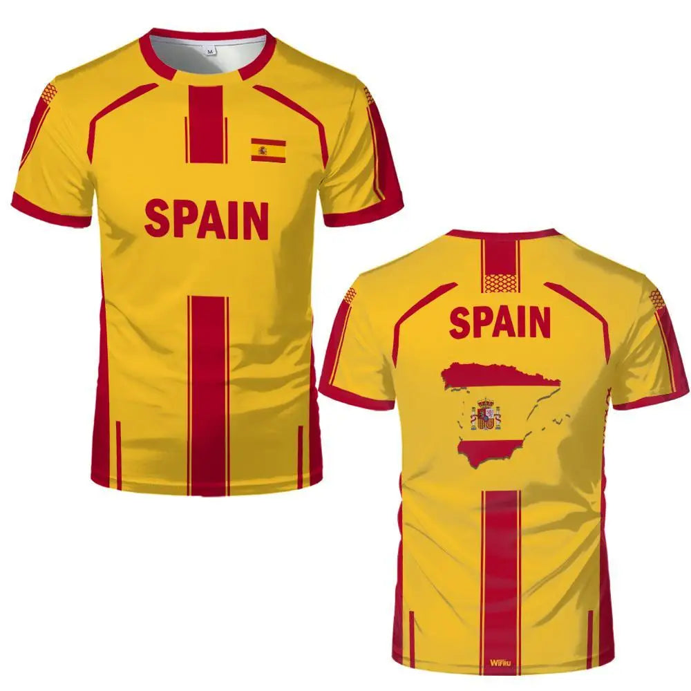 2026 New Spain Flag Print Sports T-shirt Summer Outdoor Sports Breathable Jersey Men's And Women's Soccer Training Crew Neck Top